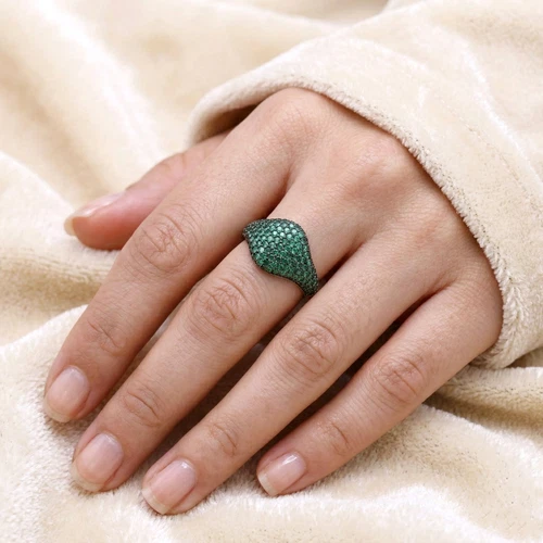 925 Sterling Silver Lab Created Emerald Pave Ring, Dome Statement Ring for Women