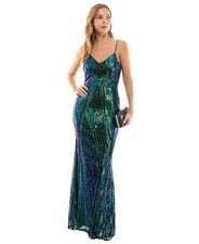 Next Up Juniors Black Green Sequined V-Neck Scoop-Back Gown Dress - 11/12 - B...