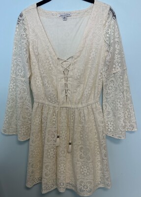 American Eagle Outfitters Ivory Lace Dress Long Bell Sleeves Lined Women s XS