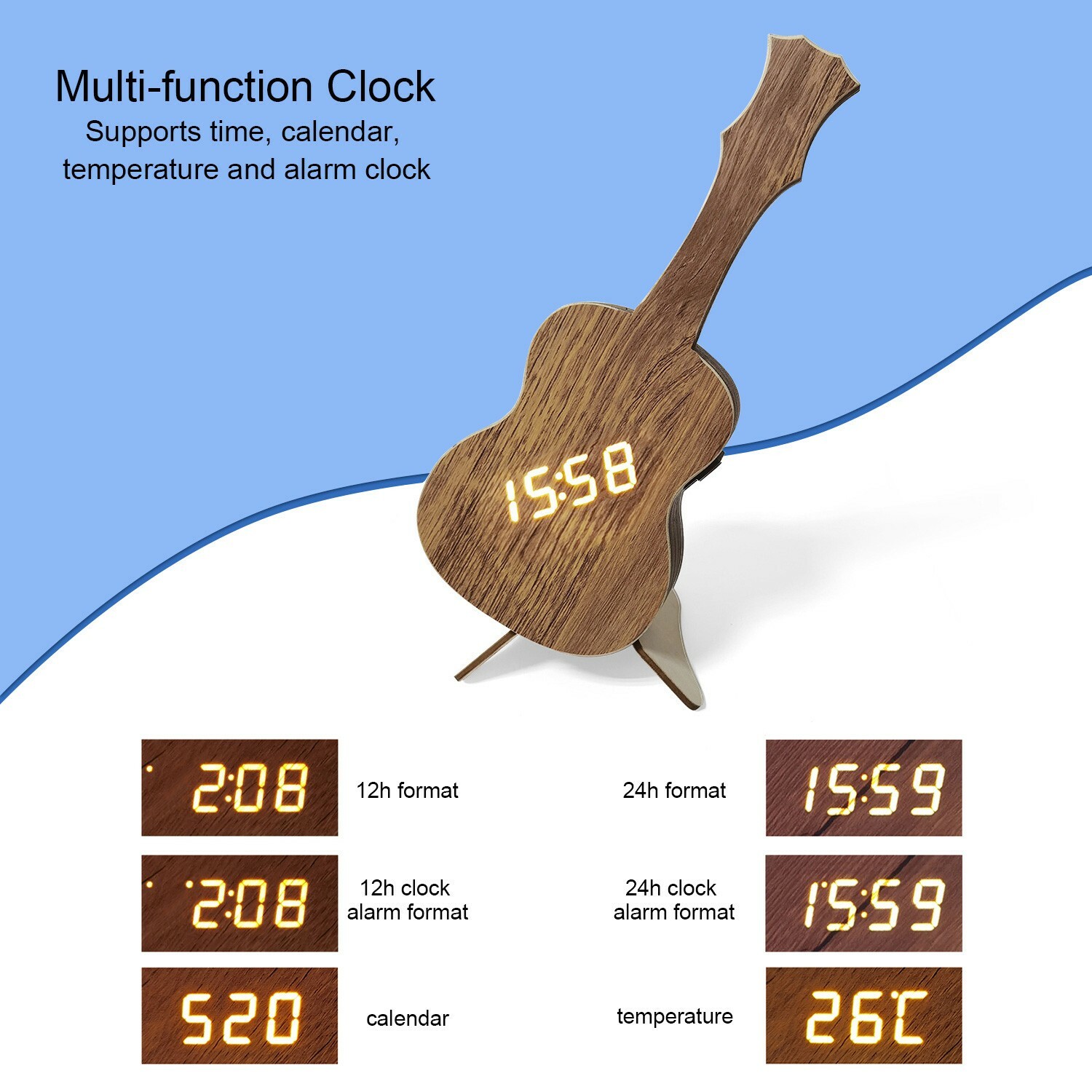 Novelty Wood Alarm Clock Guitar Time Calendar Temperature for Bedroom Office