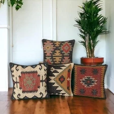 Indian Handmade Wool Jute Kilim Cushion Cover Throw Pillow 18" Square Home Decor