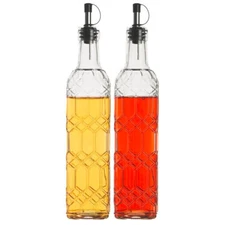 Home Essentials Set of 2 Embossed Glass Oil & Vinegar Dispenser Cruet bottles