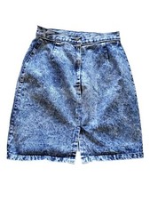 Vintage Acid Wash Denim Pencil Skirt Front Slit Button Closure Women's 26"