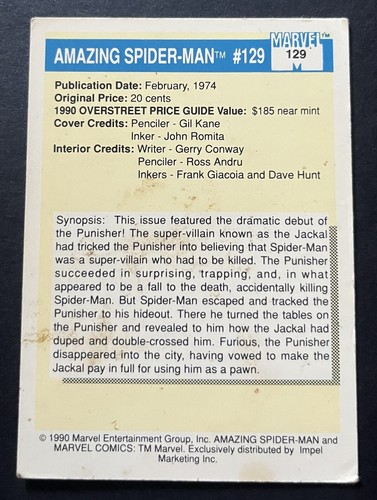 The Amazing Spider Man, The Punisher 1990 IMPEL MARVEL UNIVERSE M.V.C. CARD #129 - Picture 2 of 2