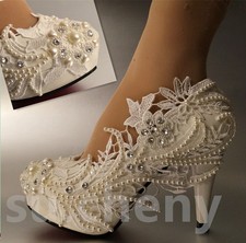 su.cheny 3" 4 " heel white ivory lace pearls Wedding shoes pumps bride size 5-11