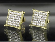 Mens Medium Flat Screen Icy CZ Earrings Square 10mm Studs 14k Gold Plated 