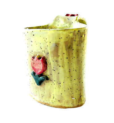 Studio Crafted Slab Tulip Vase Pencil Holder Applied Flowers 4 3/4'' Signed C456