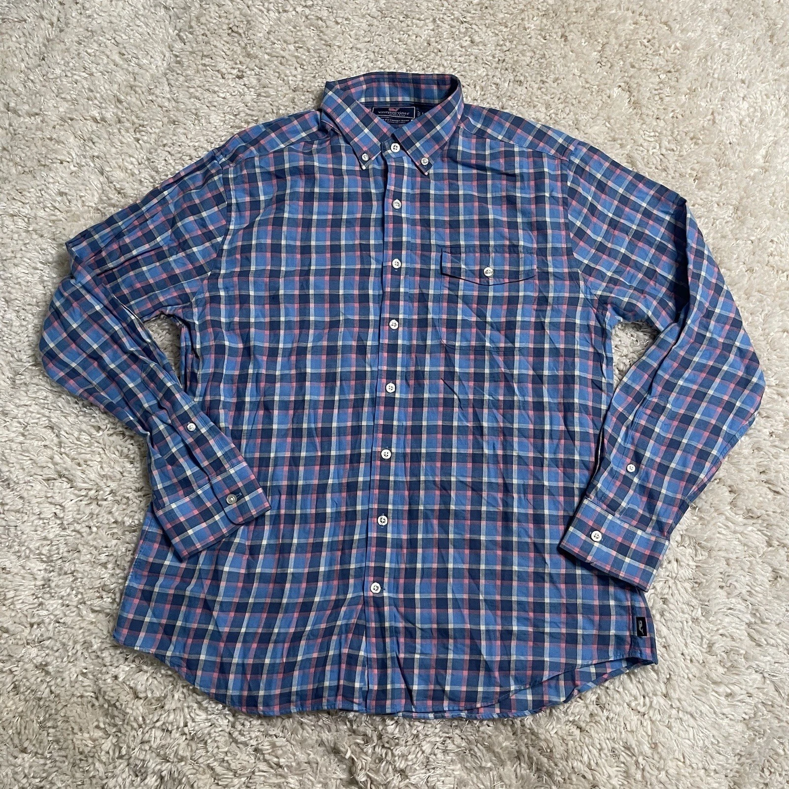Vineyard Vines Shirt Mens Large Blue Check Linen Blend Crosby Slim Preppy Adult