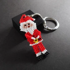 Huichol Beaded Santa Claus Keychain Handmade Mexican Folk Art Keyring Key Chain