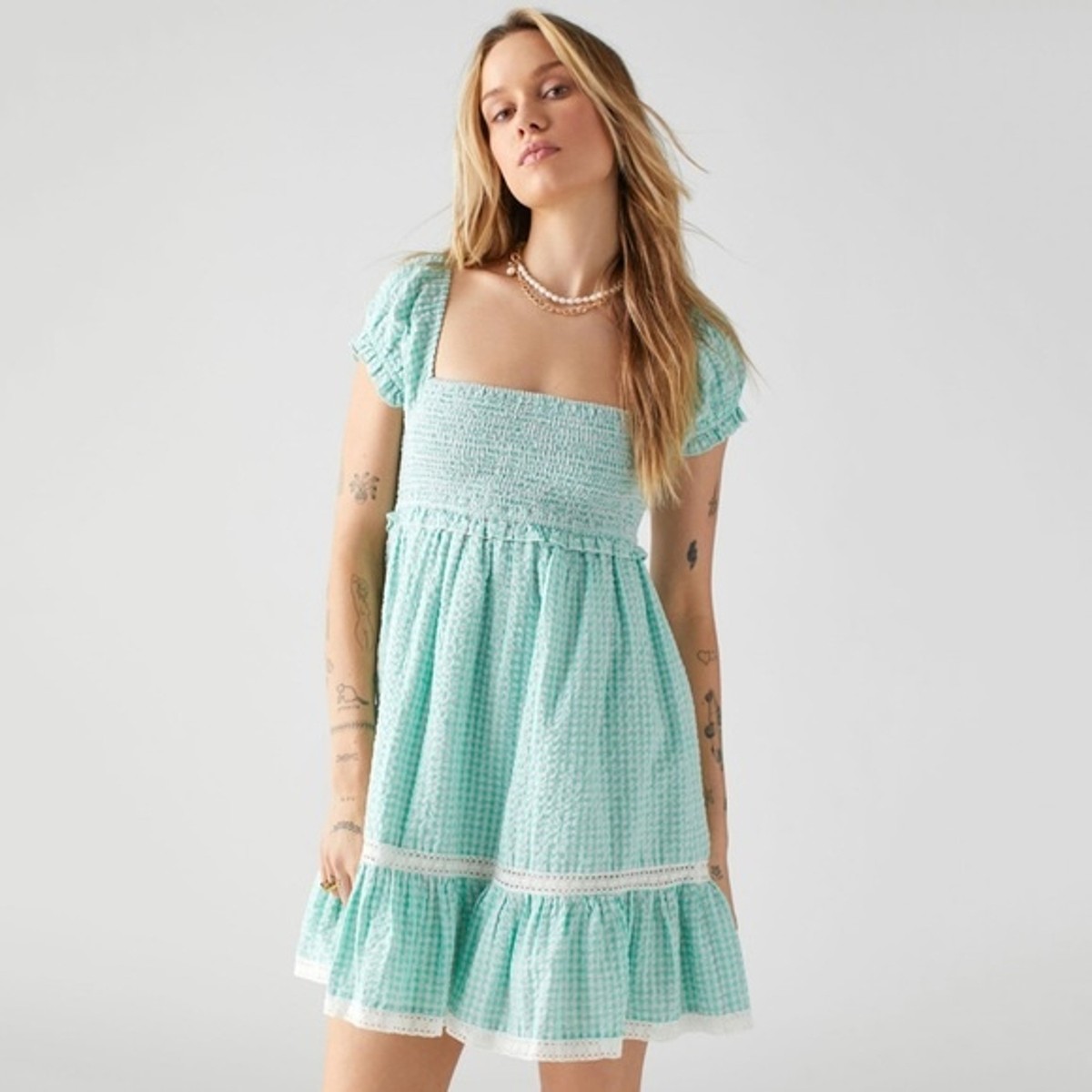 blue gingham dress urban outfitters NWT Marseille Smocked Ruffle Puff Sleeve Medium Muse by Berta Faith Size:7.5 US Style:halter