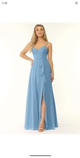 Azazie Size 0 Steel Blue A Line V Neck Ruffle Chiffon Floor Length Dress