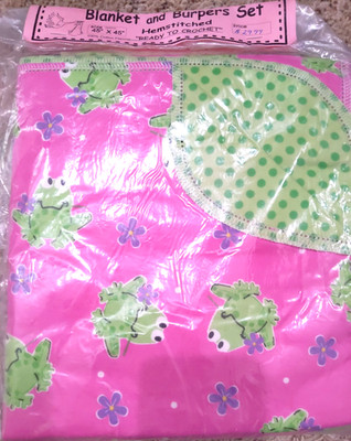 BABY BLANKET AND BURPER SET READY TO CROCHET KIT  AdOrAbLe ''FROGS'' 45X45 Pnk&Grn