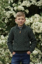 Boys Aran Crafts From Ireland 100 Merino Wool Sweater Half Zip Green 2-3 yrs NW