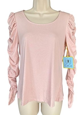 CeCe Women's Shimmer Blouse Long Ruched Sleeve Sz S Light Pink w/Gold Glitter