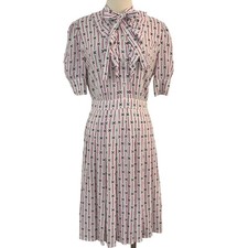 Prada Short-Sleeve Pleated Dress Knee-Length White Pink Striped Print 40 (US 4)