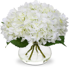 Artificial White Hydrangea Flower Arrangement in Glass Vase with Faux Water