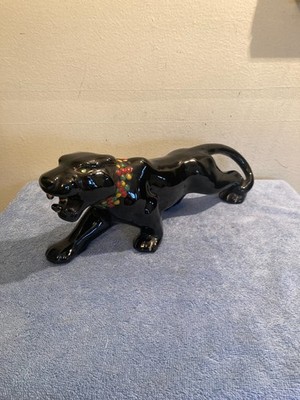 Vintage Ceramic Stalking Black Panther Figurine Jeweled Accent Collar Green Eyes