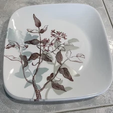 CORELLE Twilight Grove SET of 4 SALAD PLATES Flowers Brown/Blue Gray Leaves