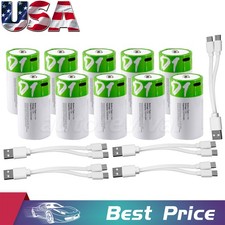 10x USB D Size Lithium Rechargeable Batteries 1.5V 12000mAh W/ Fast Type C Cable