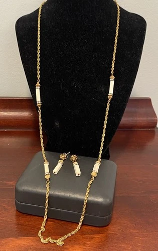 Vtg Miriam Haskell Jewelry Set Signed 33” Necklace Pierced Dangle Earrings Gold