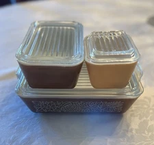 Vintage Pyrex Woodland Brown Refrigerator Dish Set w/ Lids – 501 502 503