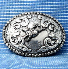 Bull Rider Cowboy Dress Belt Buckle Western Scroll Vintage 80s Nocona  .PCB612