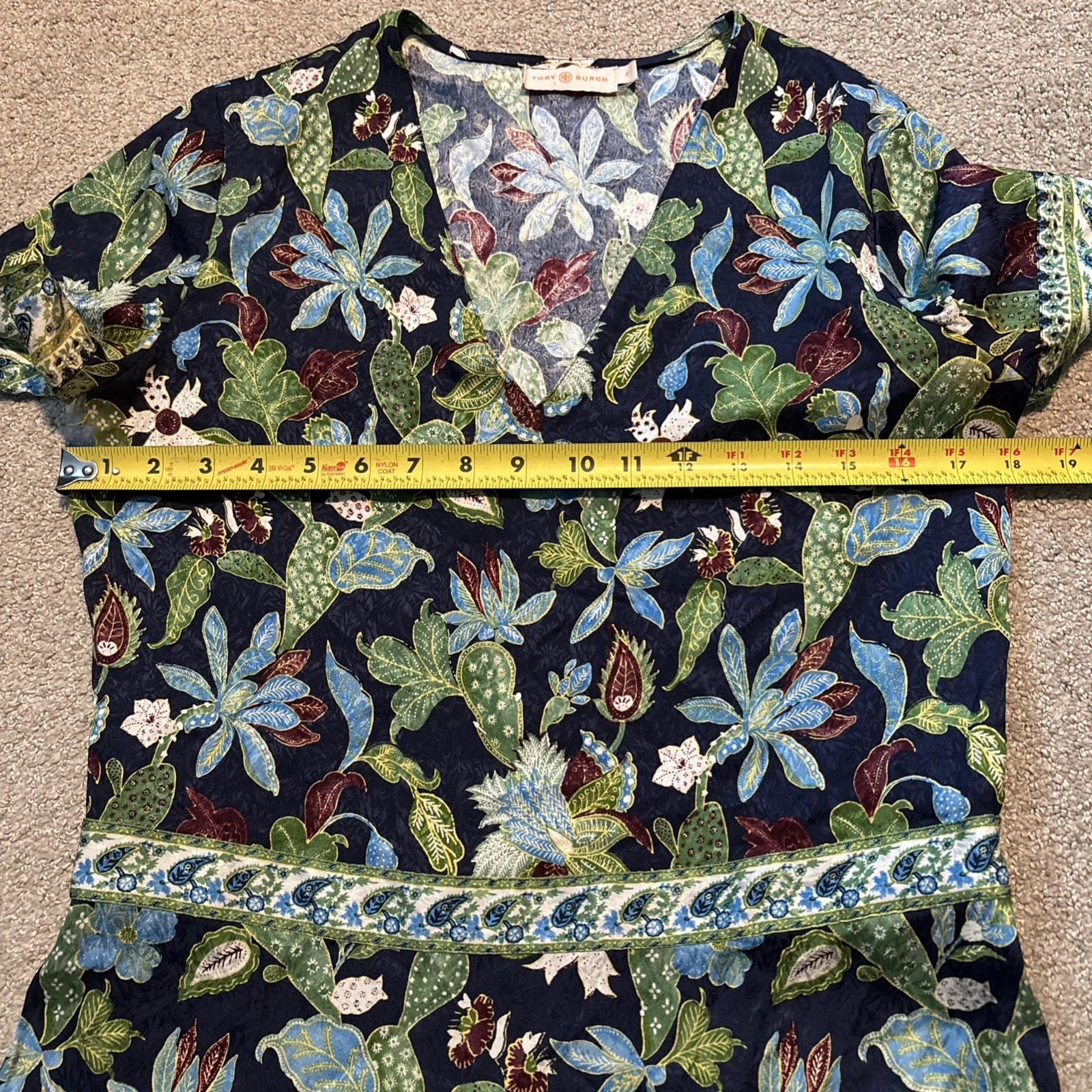 Abito Tory Burch Garden in seta di glicine taglia 6 blu verde floreale scollo a V difetto*