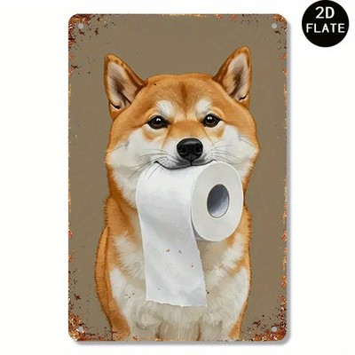 Tin Metal Signs Home Décor Vintage Art Metal Iron Cute Shiba Inu Holding a Toile