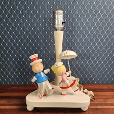 Vintage 60s Children's Nursery Lamp Handpainted Wood Rainy Day Parade