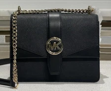 MICHAEL KORS GREENWICH SMALL FLAP CROSSBODY MK CHAIN BAG TOTE BLACK LEATHER GOLD