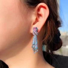 Women Ethnic Silver Plated Pink Zircon Blue Turquoise Long Ribbon Drop Earrings