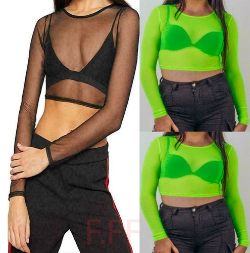 Womens Round Neck Long Sleeve Mesh Net 
