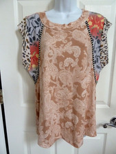 Ces Femme Women Small Multicolor Paisley Floral Leopard Cap Sleeve Top USA Made