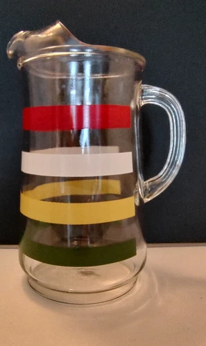 Anchor Hocking Fiesta Stripe Band Glass Pitcher with Ice Lip 48oz MCM Vintage