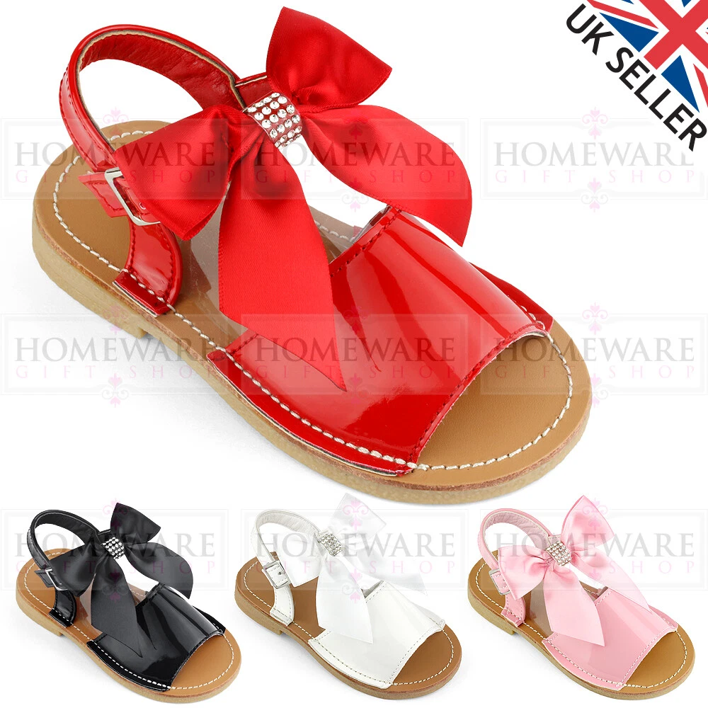 SPANISH STYLE SANDALS BABY GIRLS PATENT BOW SANDALS WHITE PINK UK4 TO 8 DIAMANTE