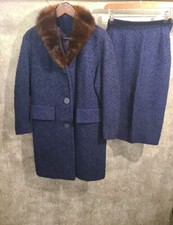 Vtg 50s 60s Suit Set 2 Piece Pencil Skirt Coat Fur Collar Tweed Blue Black Women