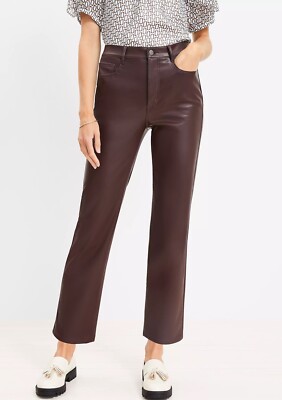 LOFT Petite Five Pocket Straight Faux Leather Pants Burgundy Women s Size 28 (6)