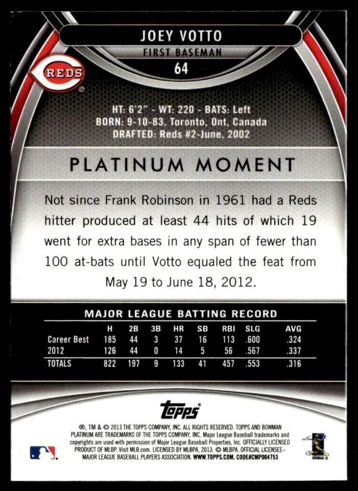 2013 Bowman Platinum Gold Joey Votto Cincinnati Reds #64 - Image 2 of 2