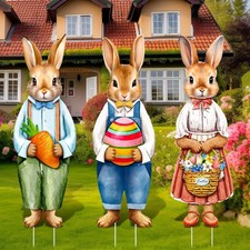 3 PCS Easter Yard Decor Sign Stakes 32x10 Inch Bunny Carrots Eggs Lawn