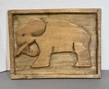 Folk Art Wood Hand Carved Wall Hanging Picture of Elephant Signed