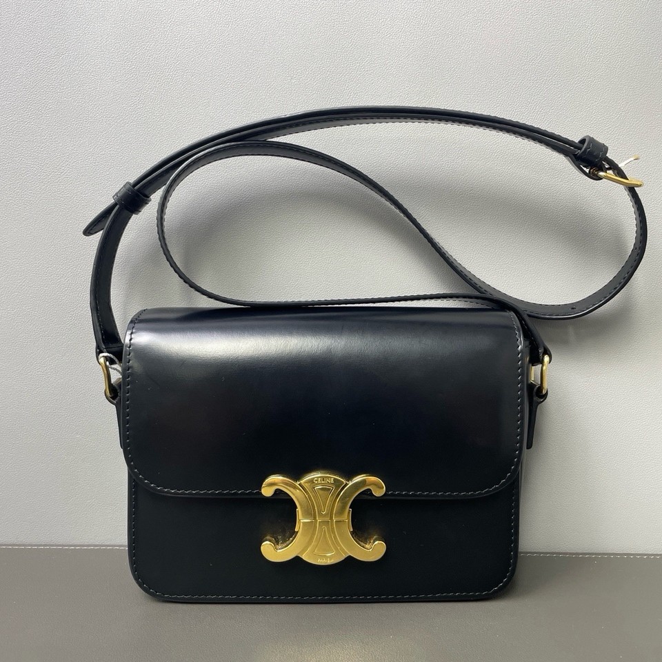 Authentic Pre-owned Celine Black Calfskin Triomphe Shoulder / Crossbody Bag
