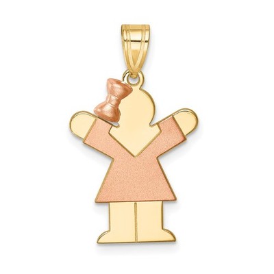 14k Two-tone The Kids Small Girl Bow on Left Engravable Love Charm Necklace