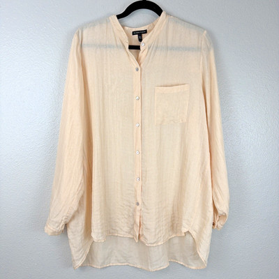 Eileen Fisher Silk Cotton Tunic Top Womens XL Peach Button Front Relaxed Fit