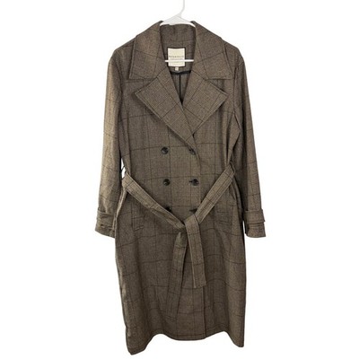 Bagatelle Collection Brown Glen Plaid Double Breasted Trench Coat Belted Large