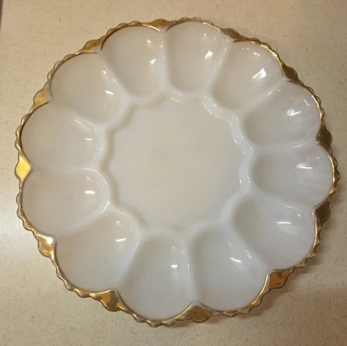 Vintage Anchor Hocking Gold Scalloped Edge Milk Glass Deviled Egg Plate Platter