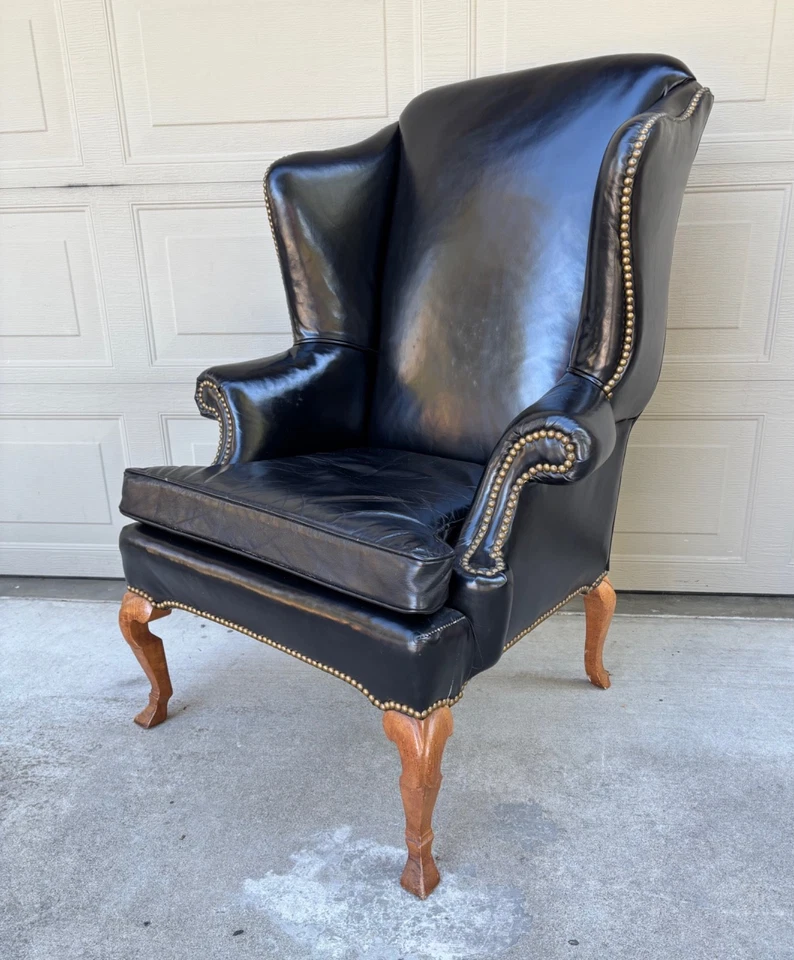Vintage antique leather nailhead brass wing back chair library Baker Hancock era - Image 3 of 4