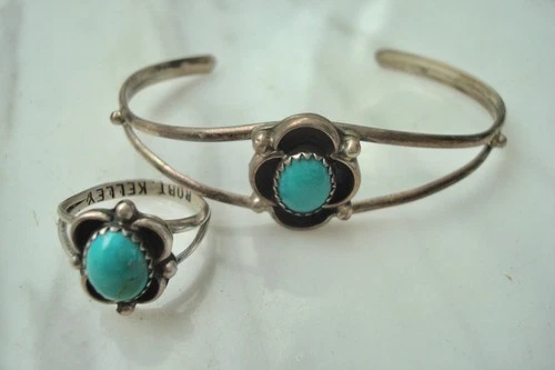 VTG ROBERT KELLEY TURQUOISE Sterling Silver NAVAJO BRACELET & RING Set  Size 6.5