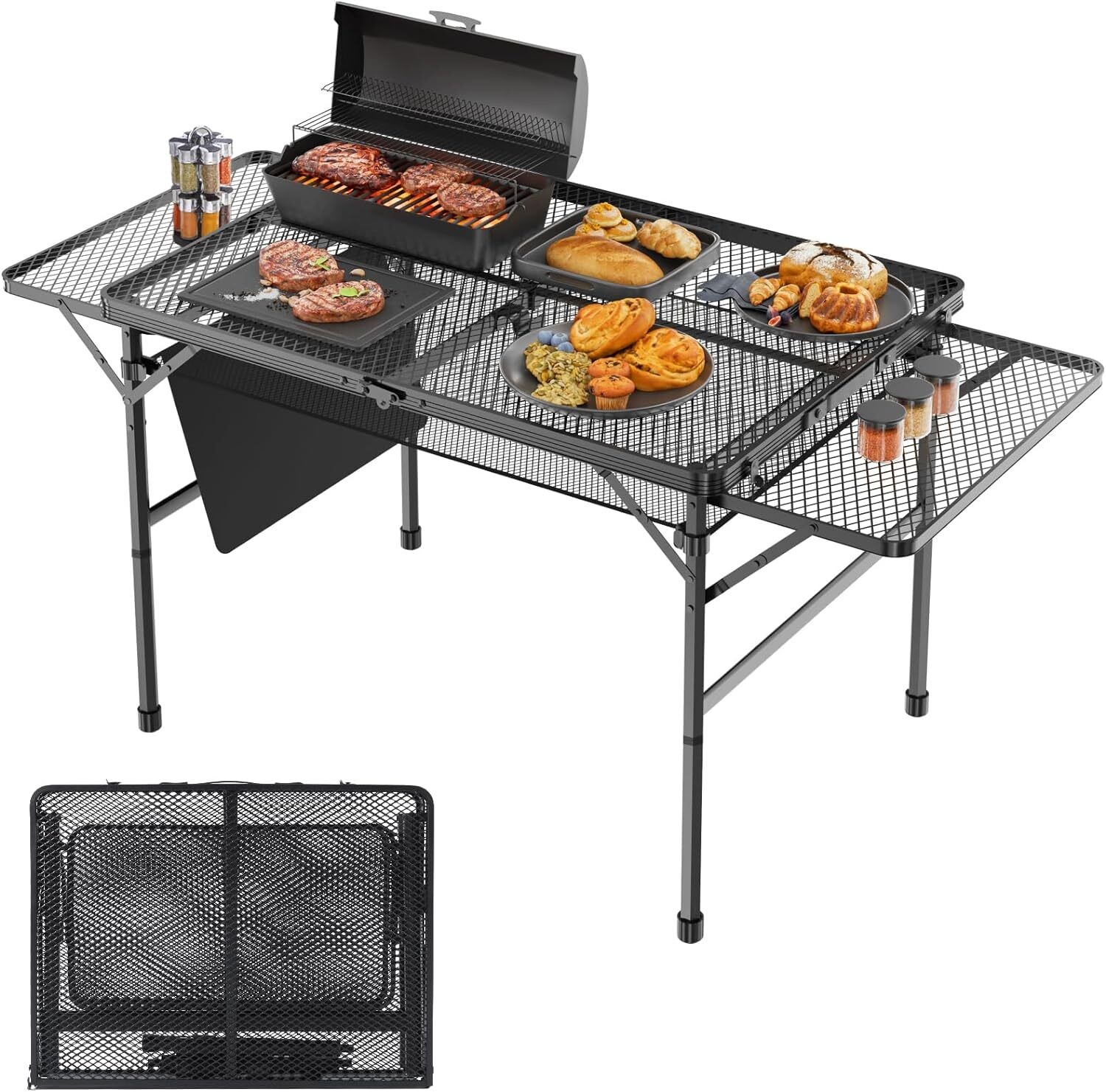 Folding Camping Grill Table with 2 Wing Panels and Mesh Desktop