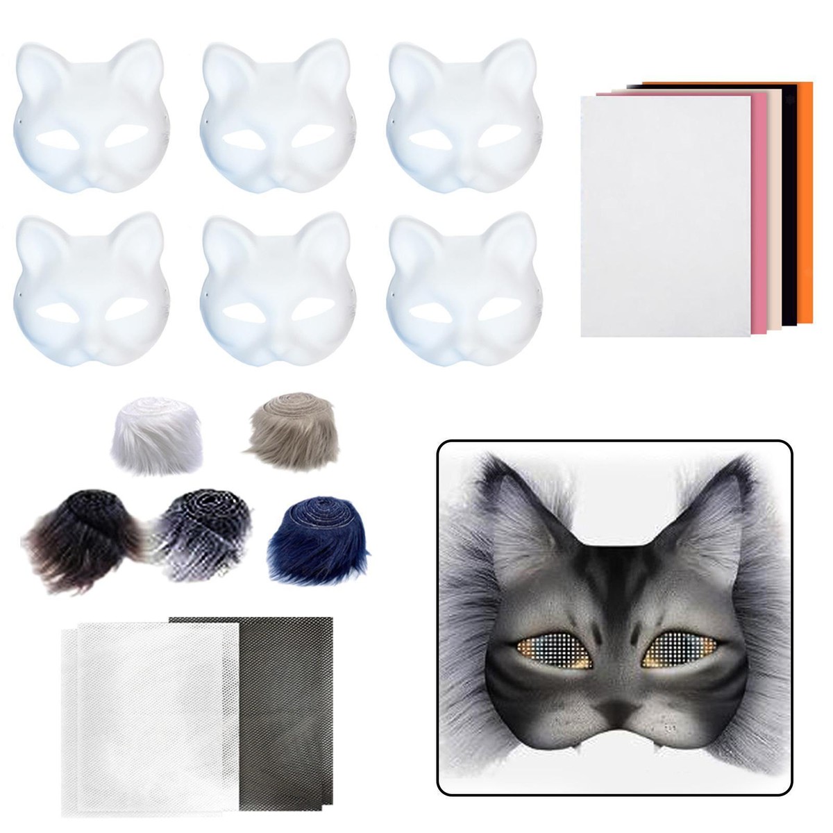 Vecora 6 Stück Weiße Katzenmasken – Leere DIY-Masken Zum Bemalen, Mit Gummiband, Für Halloween, Mottopartys Und Rollenspiel