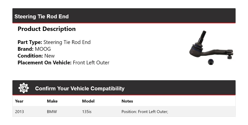 For 2013 BMW 135is Steering Tie Rod End Front Left Outer MOOG - Image 2 of 4